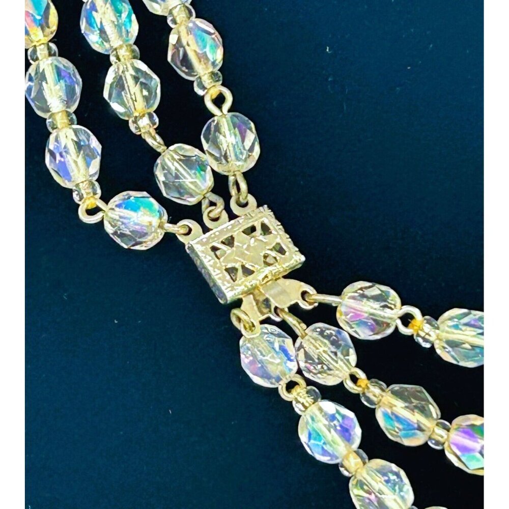 Aurora Borealis Glass Necklace 3 Strand Graduated Length 17 in Silver-tone Clasp - Picture 3 of 5